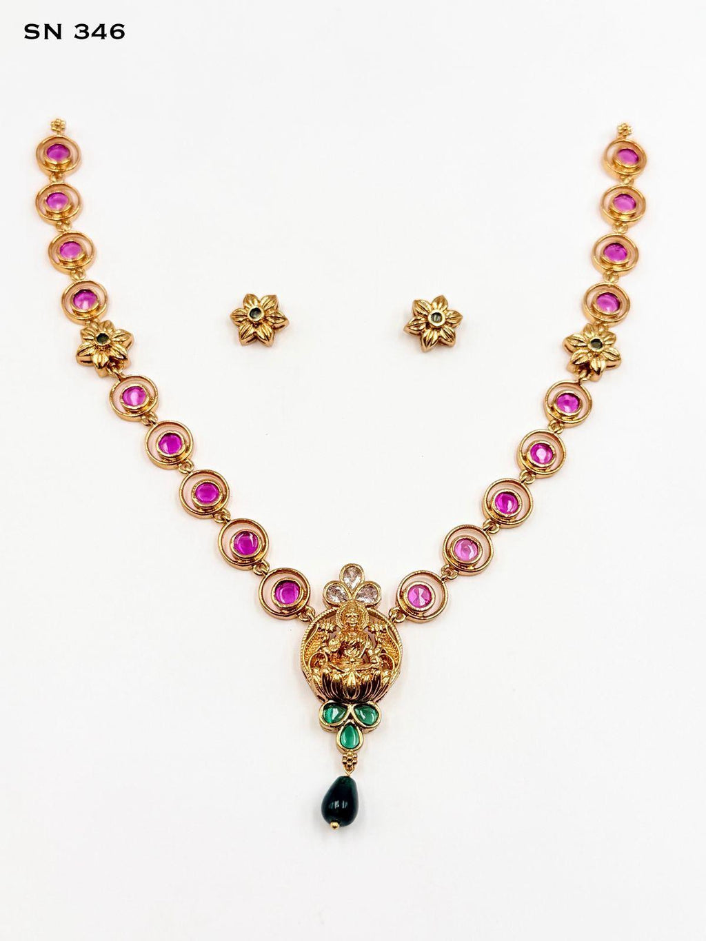 Lakshmi Devi Pendant Necklace with Floral Studs