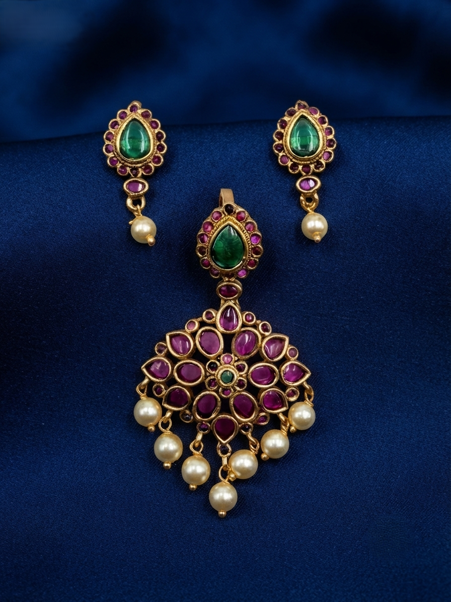 Floral Pendant Set with Pearl Drops