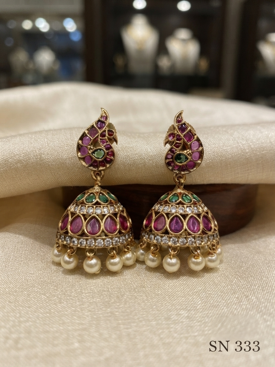 Antique Gold Jhumka Earrings with Bead Tassels