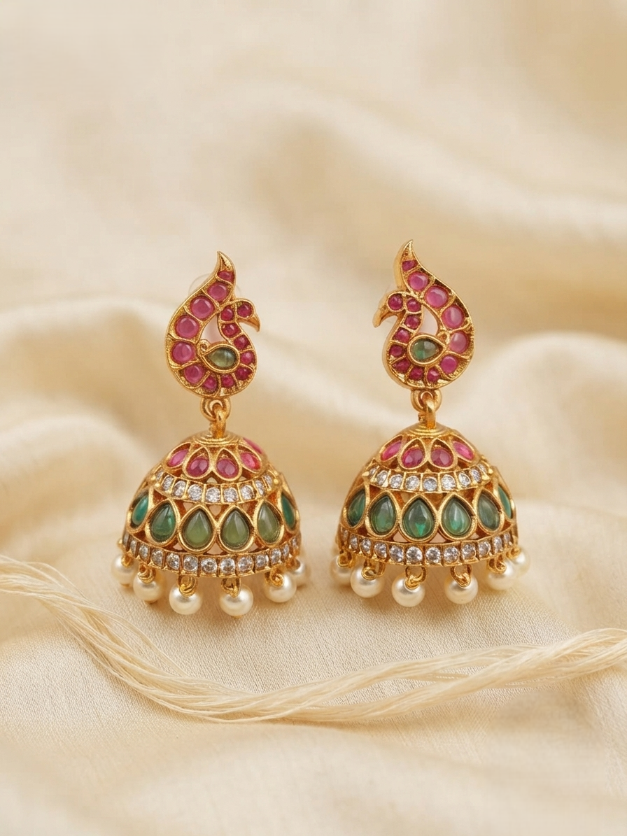 Antique Gold Jhumka Earrings with Bead Tassels