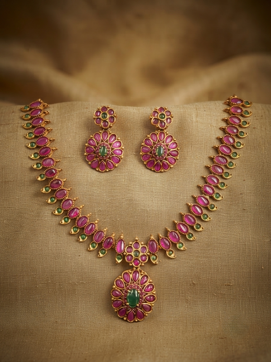 Floral Round Pendant Necklace Set