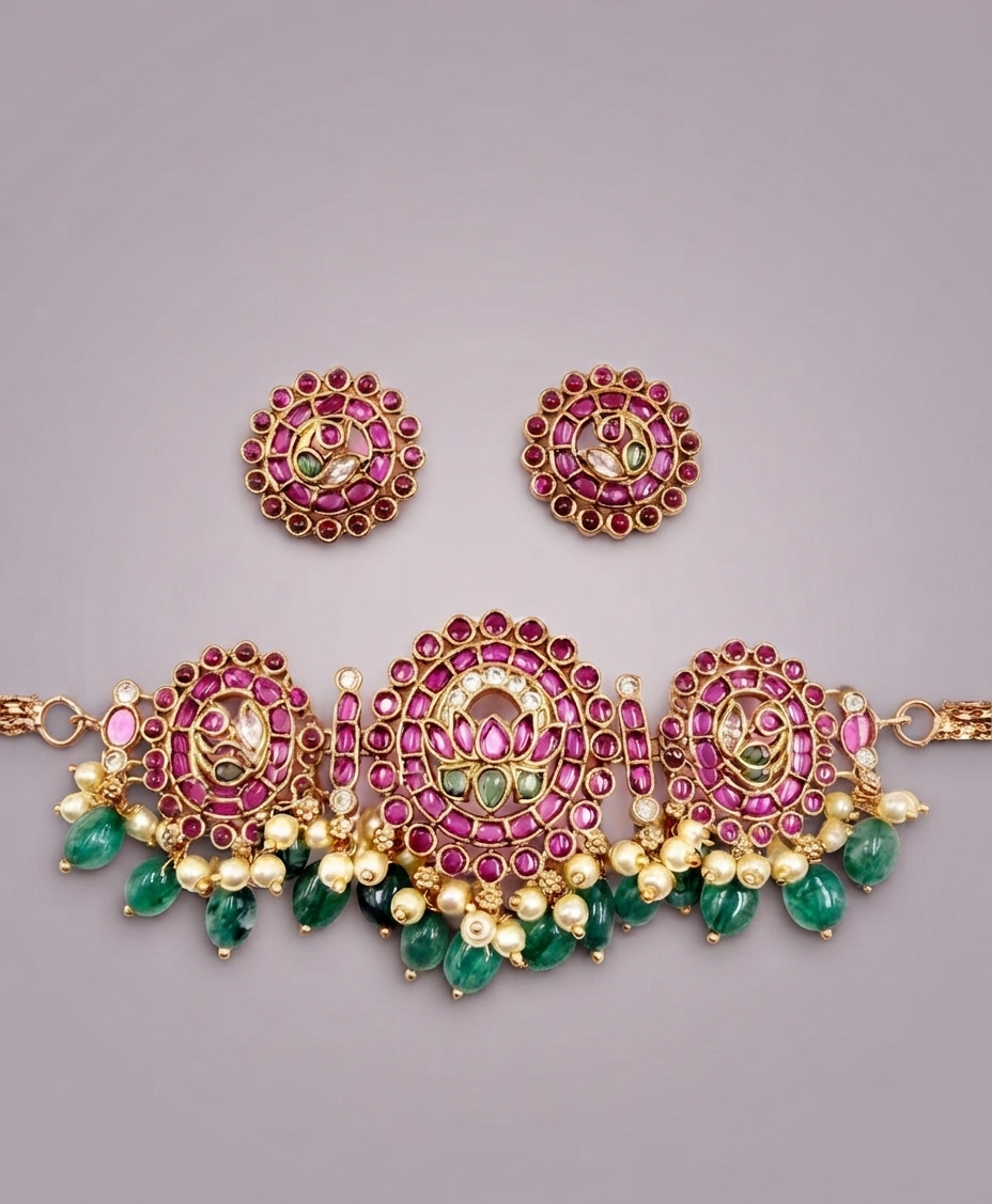 Lotus Motif Choker with Bead Drops