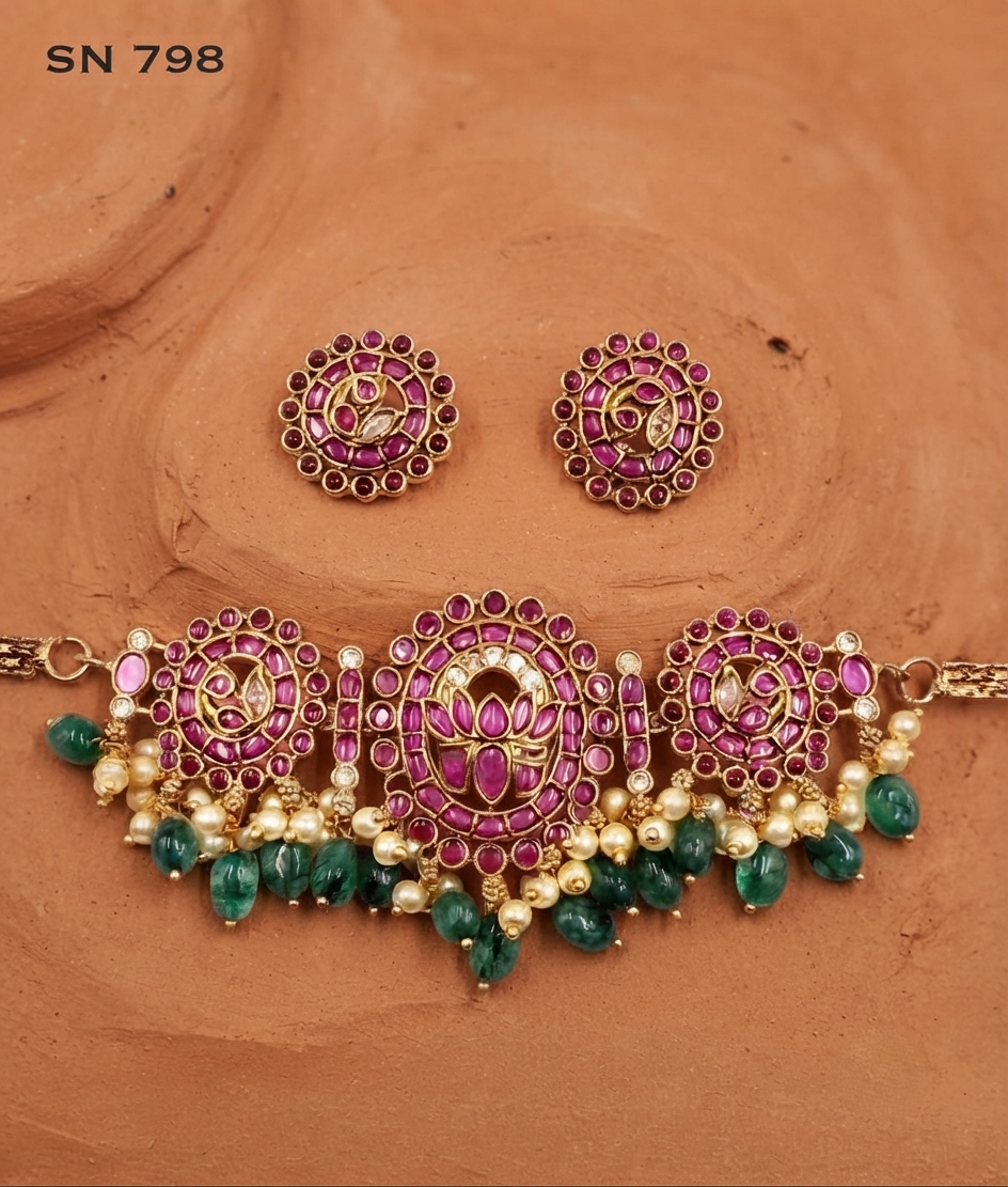 Lotus Motif Choker with Bead Drops