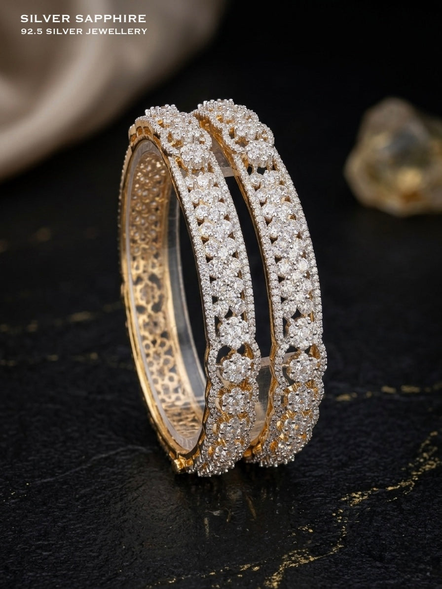 Two-Tone CZ Floral  Bangle Set