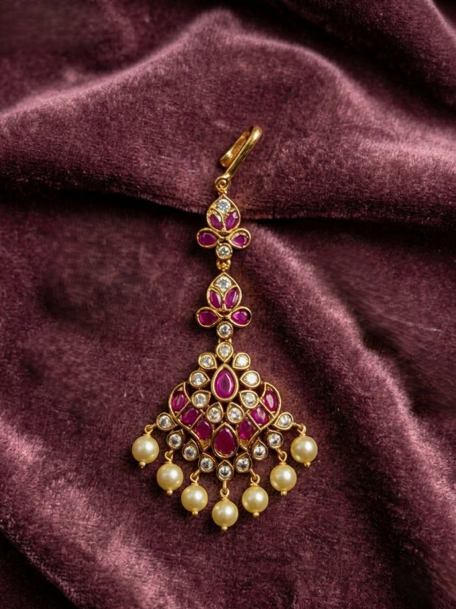 Kundan & Ruby Stone Maang Tikka