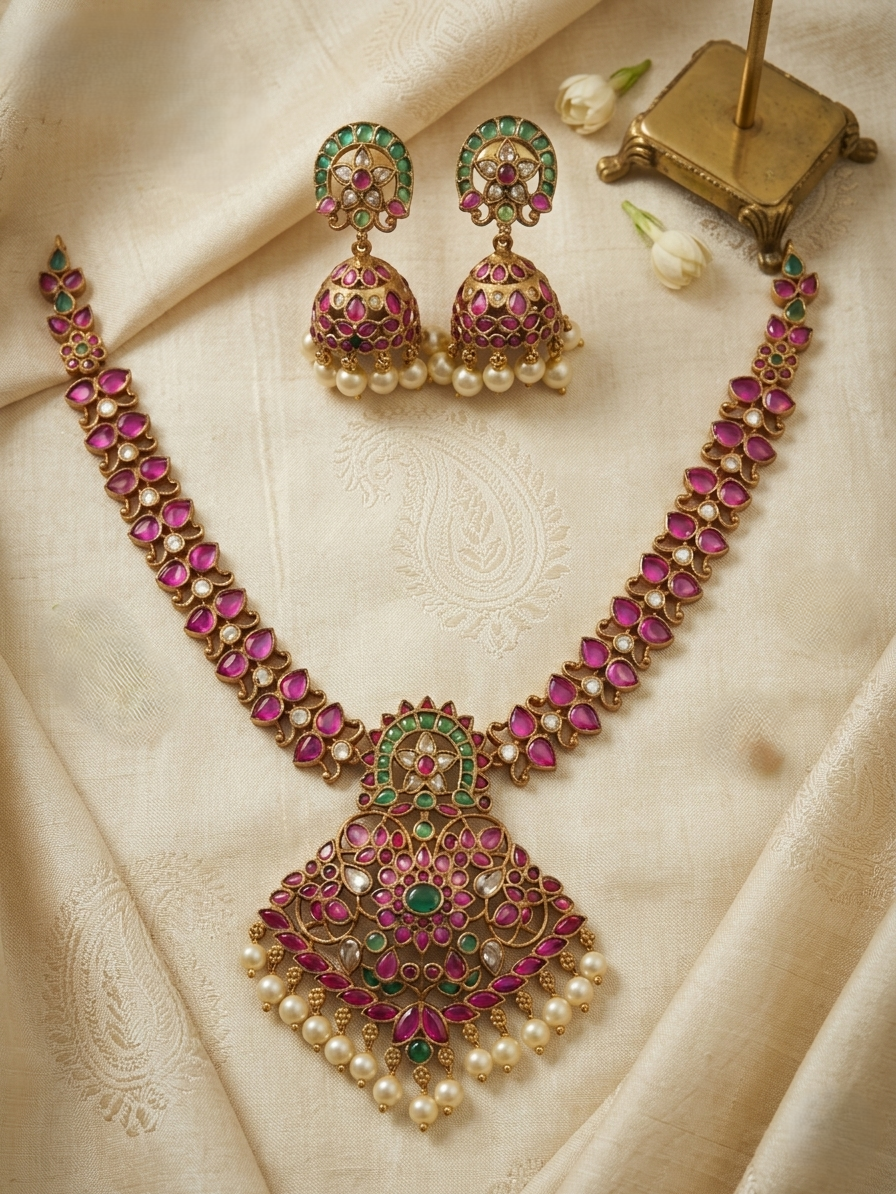 Floral Temple Necklace & Jhumka Earring Set