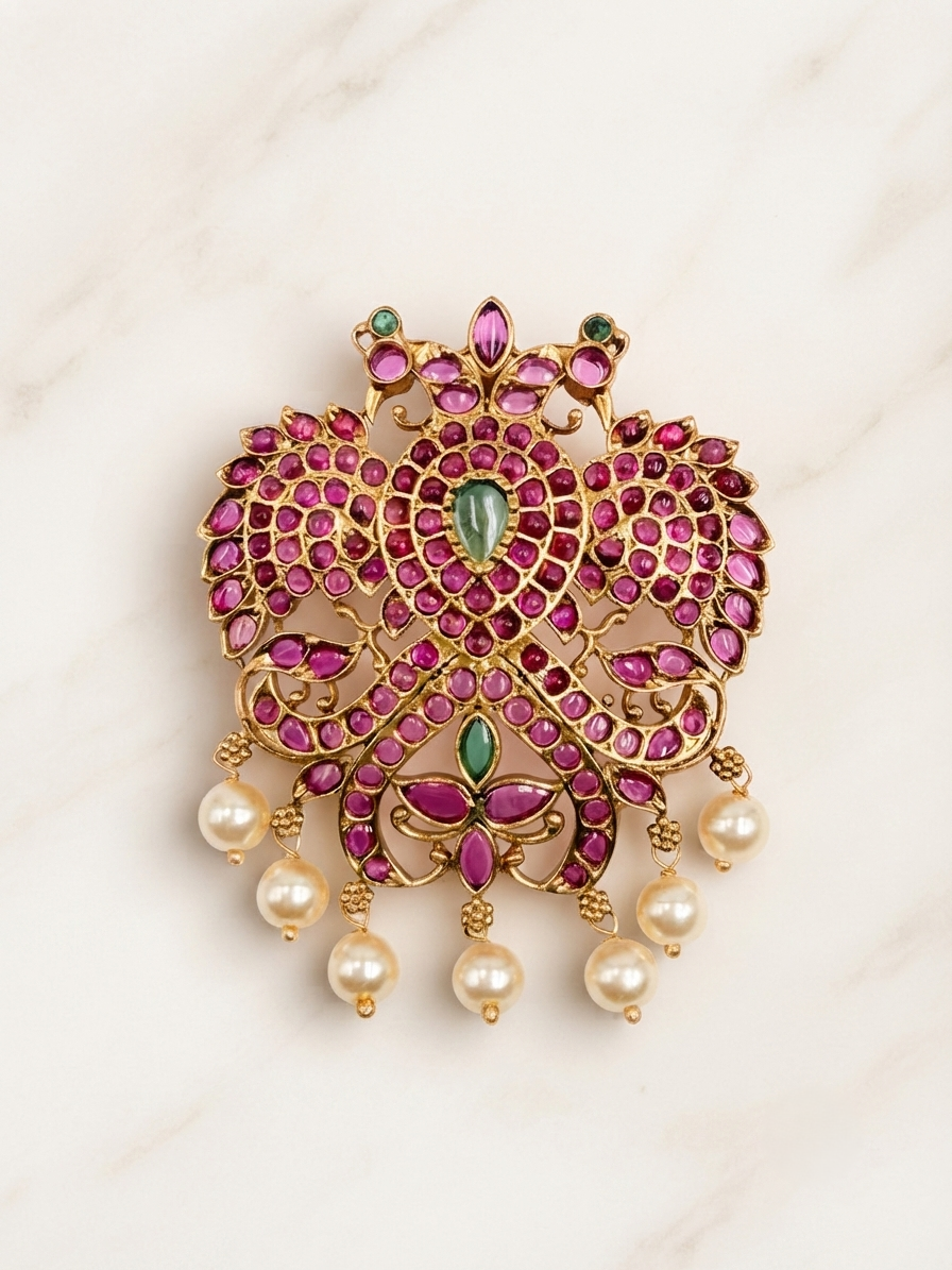 Twin Peacock Motif Kundan Pendant