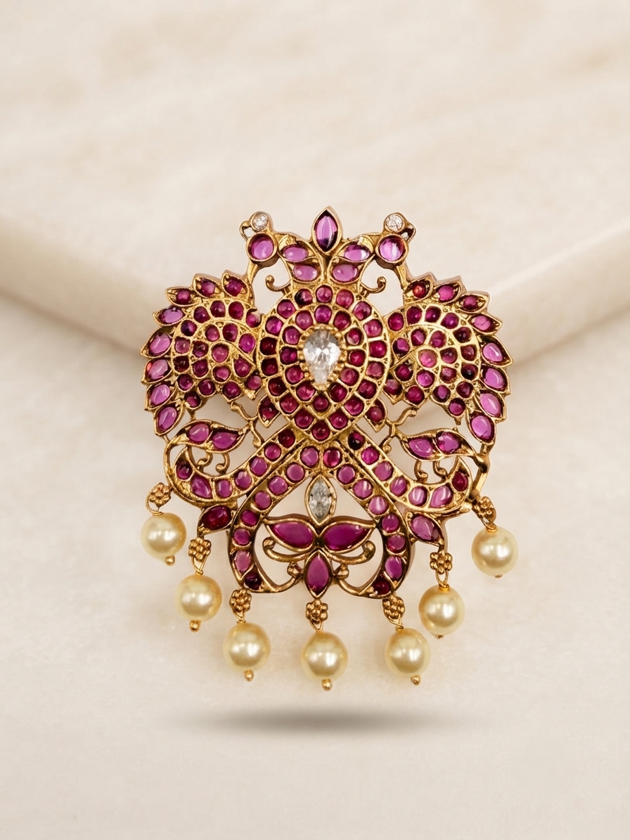 Twin Peacock Motif Kundan Pendant