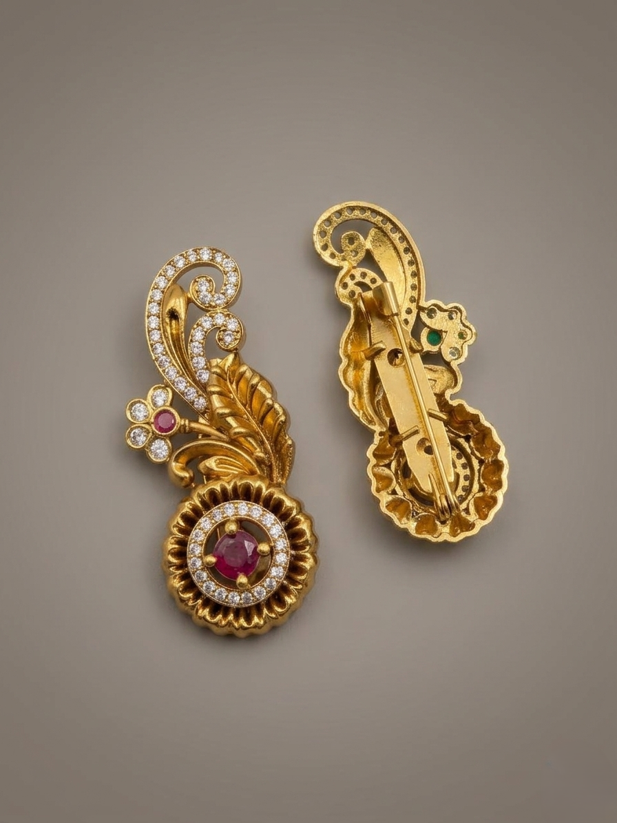 Antique Gold Floral Saree Pin