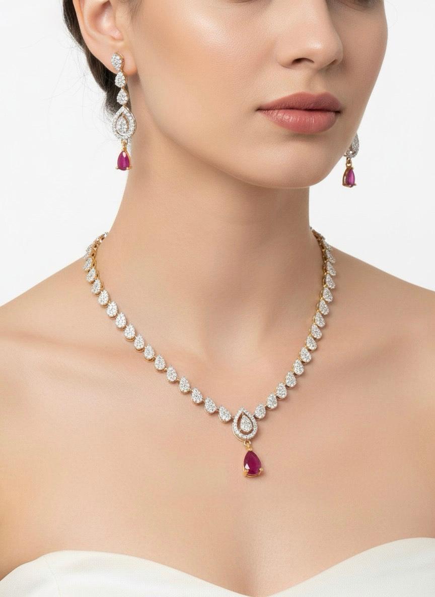 Halo & Ruby Drop Necklace Set