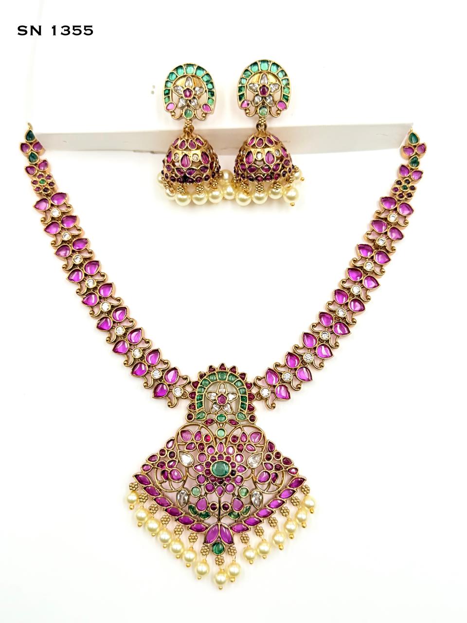Floral Temple Necklace & Jhumka Earring Set