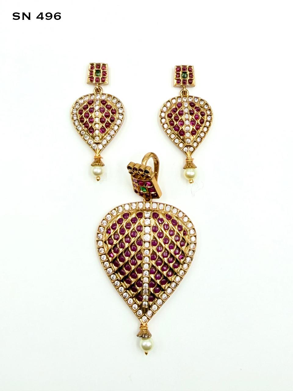 Antique Gold Mango Leaf Ruby Pendant Set with Pearl Drops