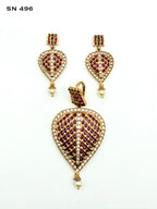 Antique Gold Mango Leaf Ruby Pendant Set with Pearl Drops