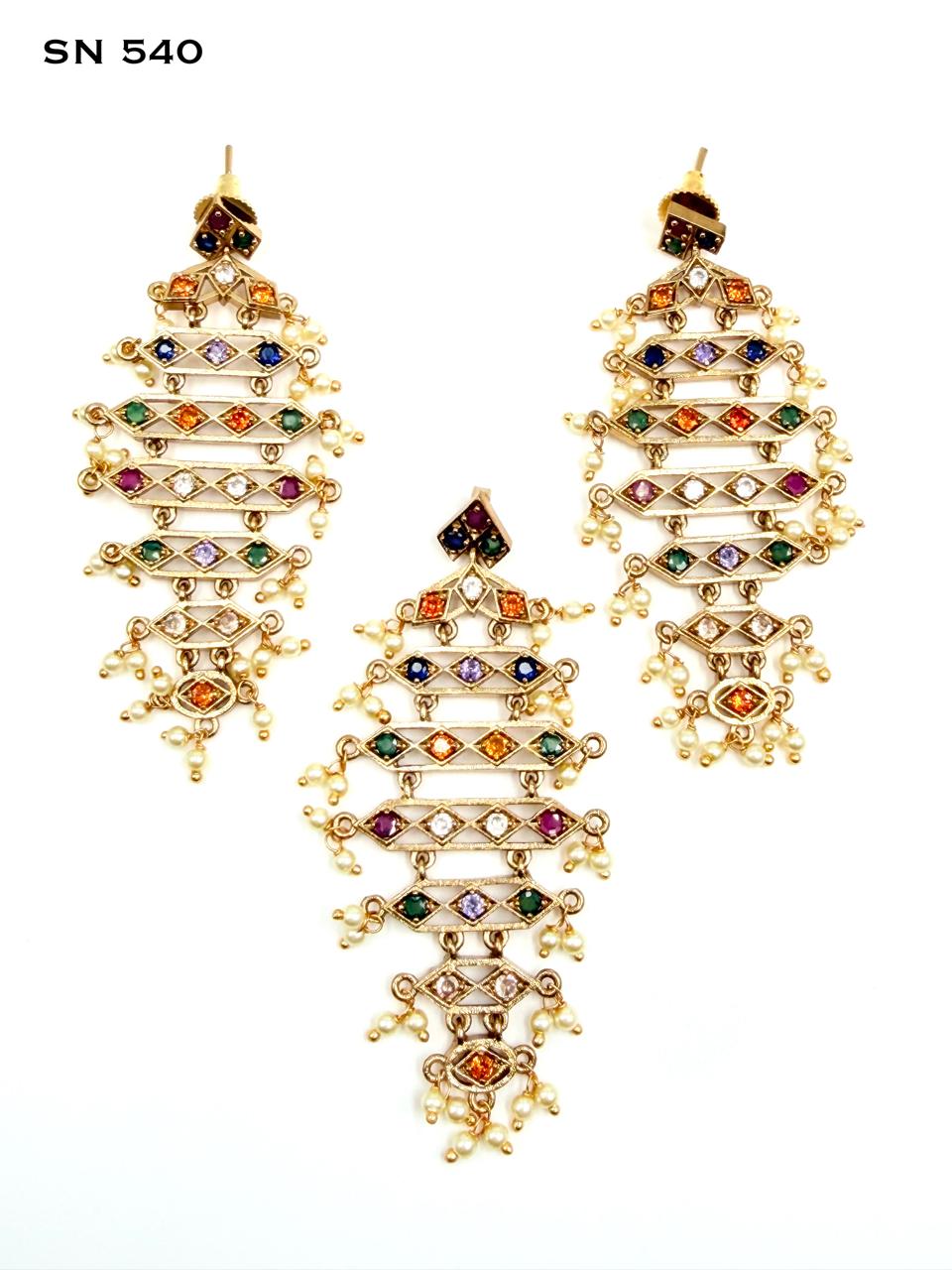 Antique Gold Multicolor Tiered Pendant Set with Pearl Drops