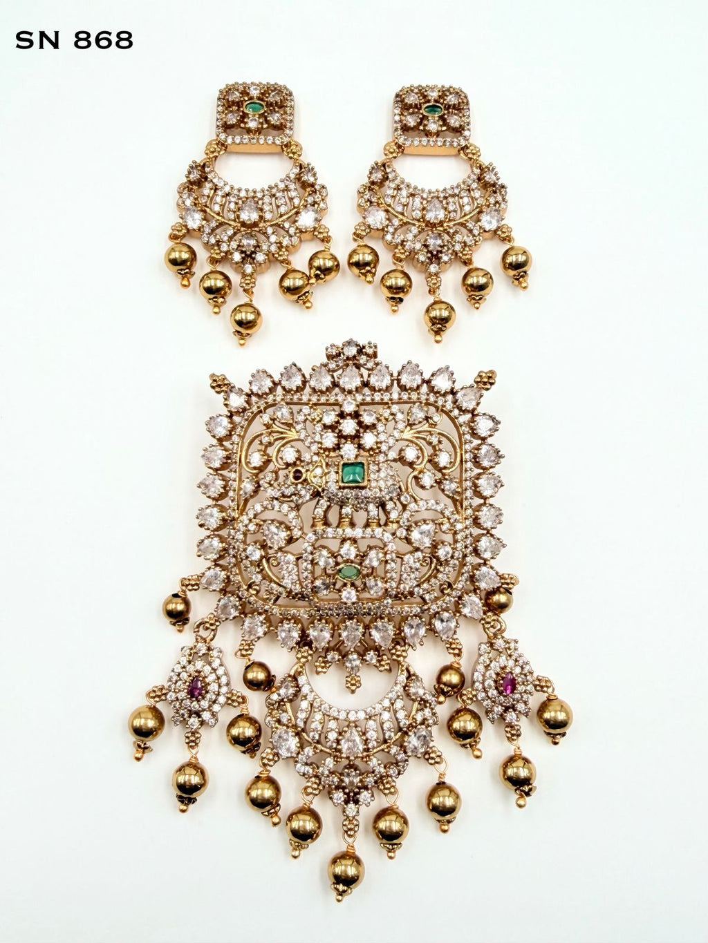 Antique Gold Elephant Motif Pendant Set with Chandbali Earrings