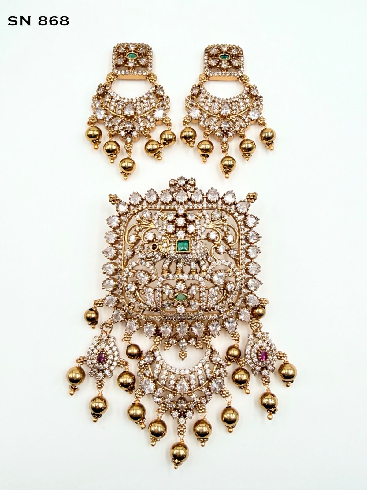 Antique Gold Elephant Motif Pendant Set with Chandbali Earrings