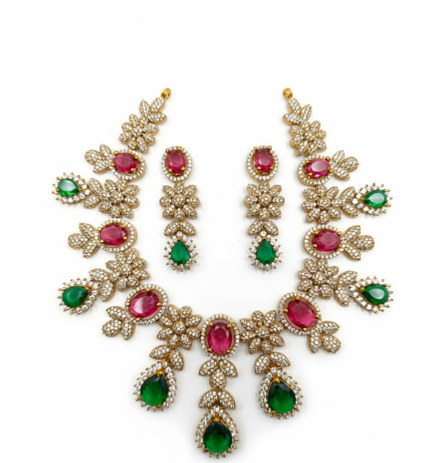 Floral Ruby & Emerald Tone Necklace Set
