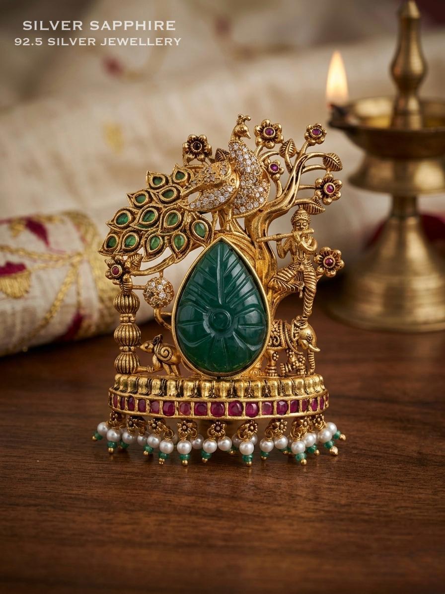 Antique Lord Krishna & Peacock Heritage Pendant