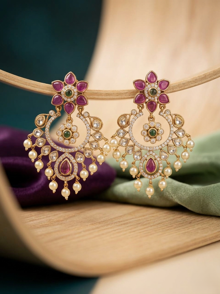 Floral kemp chandbali earrings