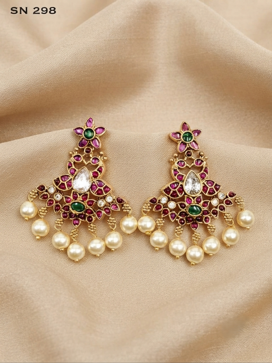 Floral Chandbali Pearl Drop Earrings