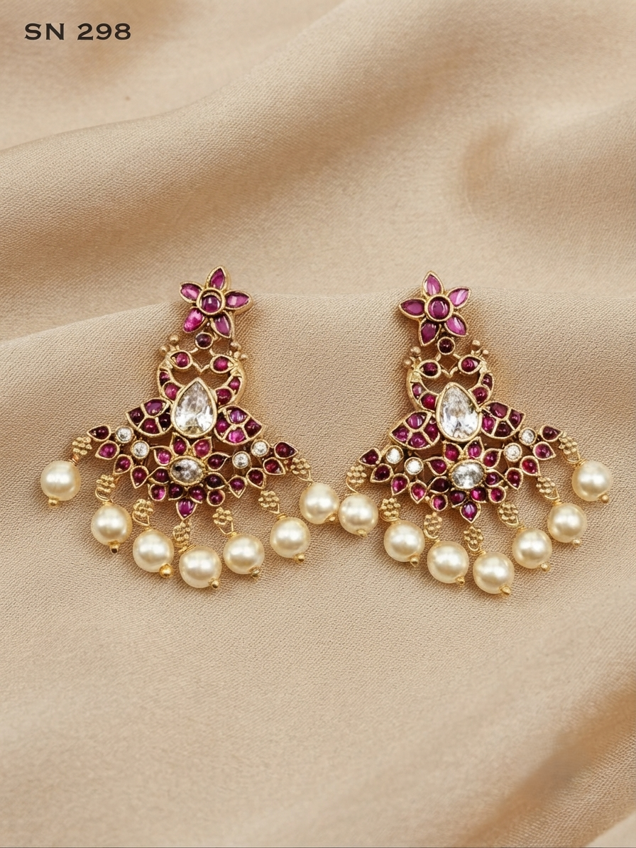 Floral Chandbali Pearl Drop Earrings