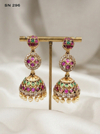 Ruby & Emerald Three-Tier Jhumka Earrings