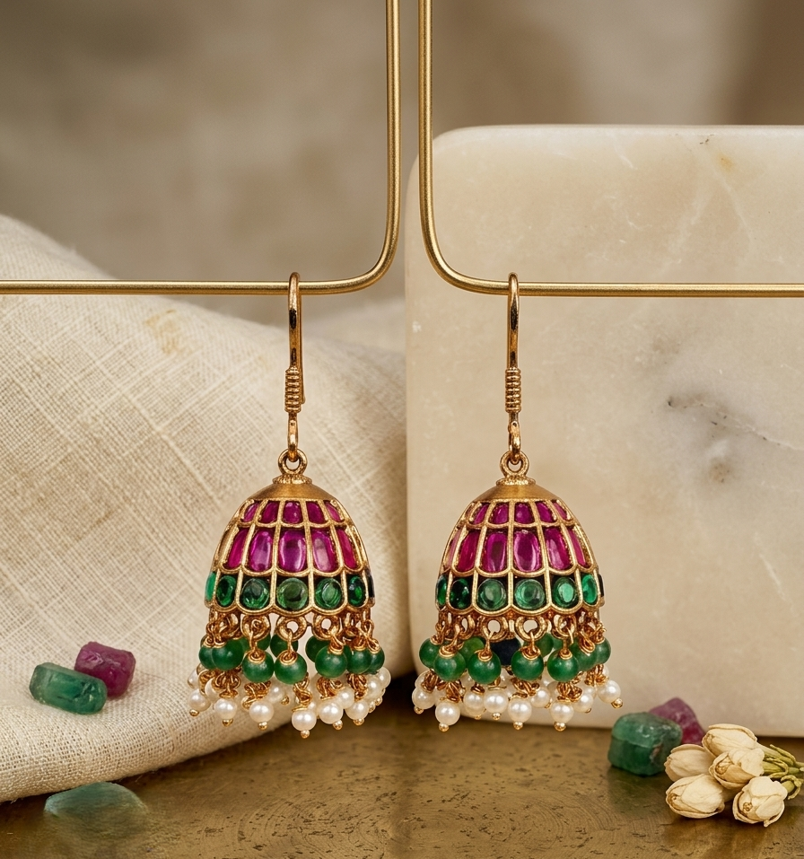 Ruby Emerald Kundan Hook Jhumka