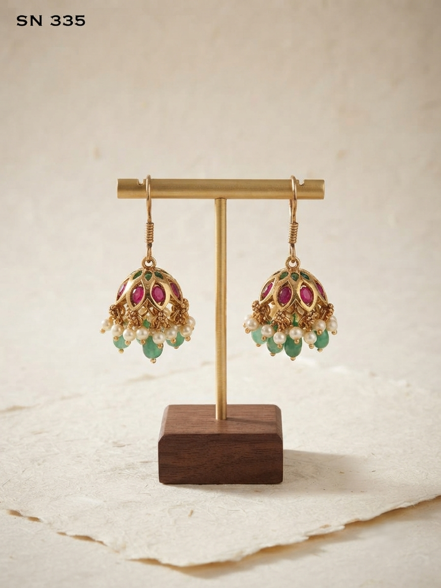 Antique Gold Jhumka Earrings with Bead Tassels