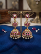 Ruby & Emerald Three-Tier Jhumka Earrings
