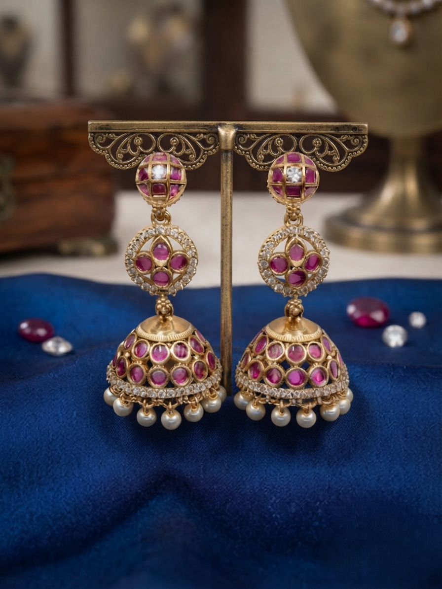 Ruby & Emerald Three-Tier Jhumka Earrings