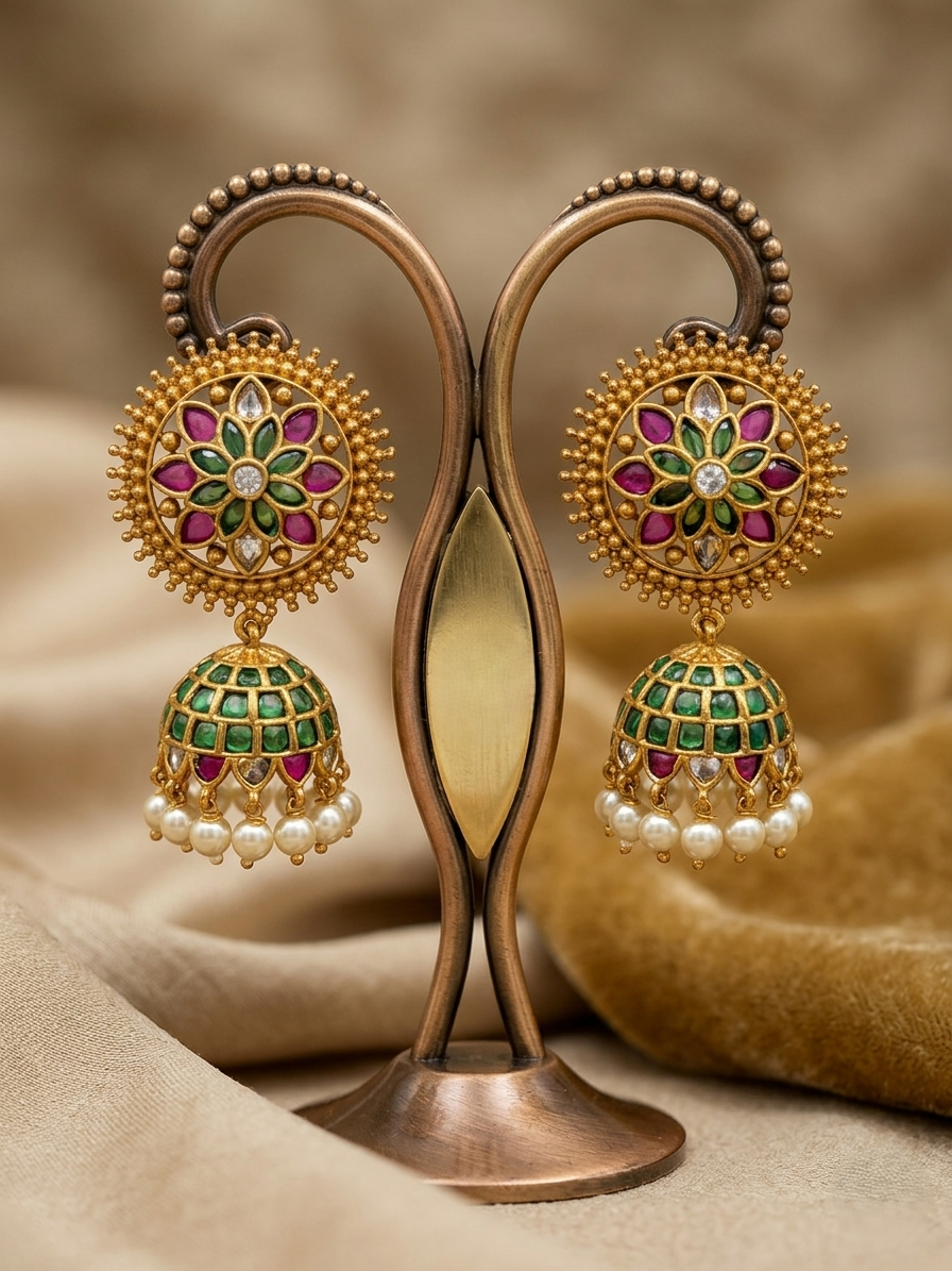 Ruby & Emerald Floral Kundan Jhumka