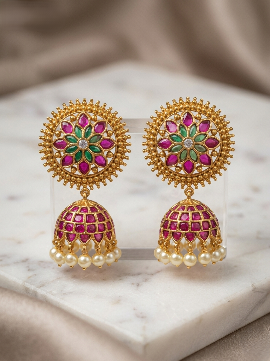 Ruby & Emerald Floral Kundan Jhumka