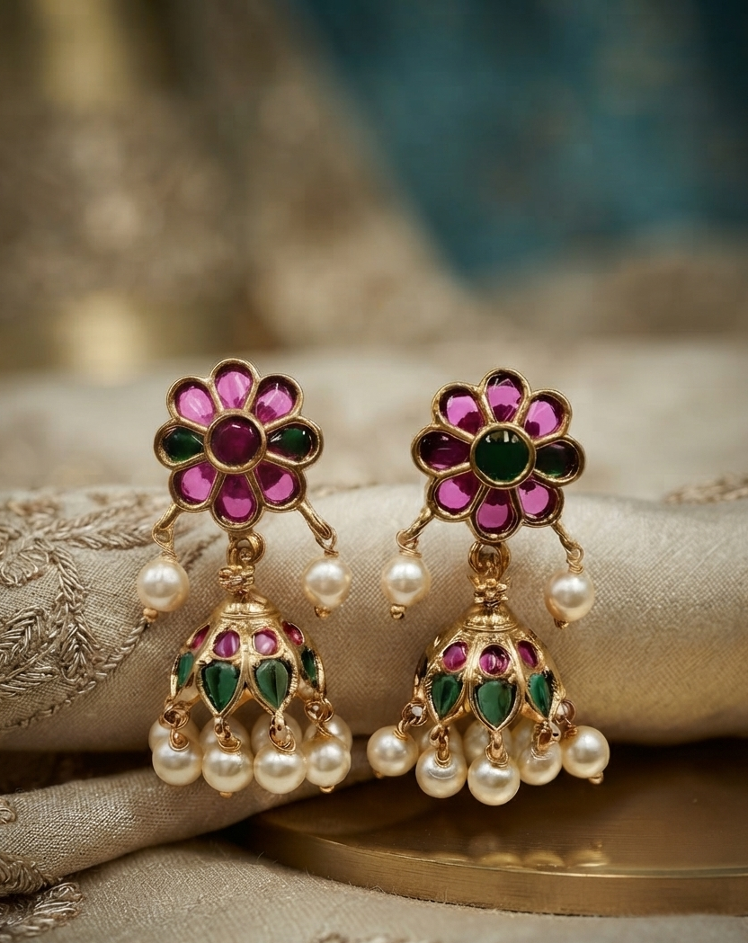 Kundan Floral Jhumka Earrings