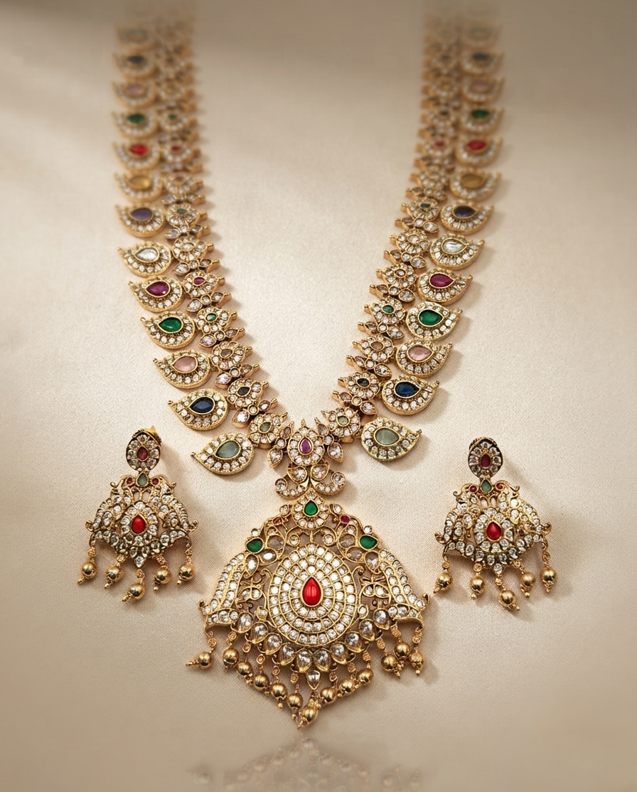 Navratna Mango Long Necklace Set