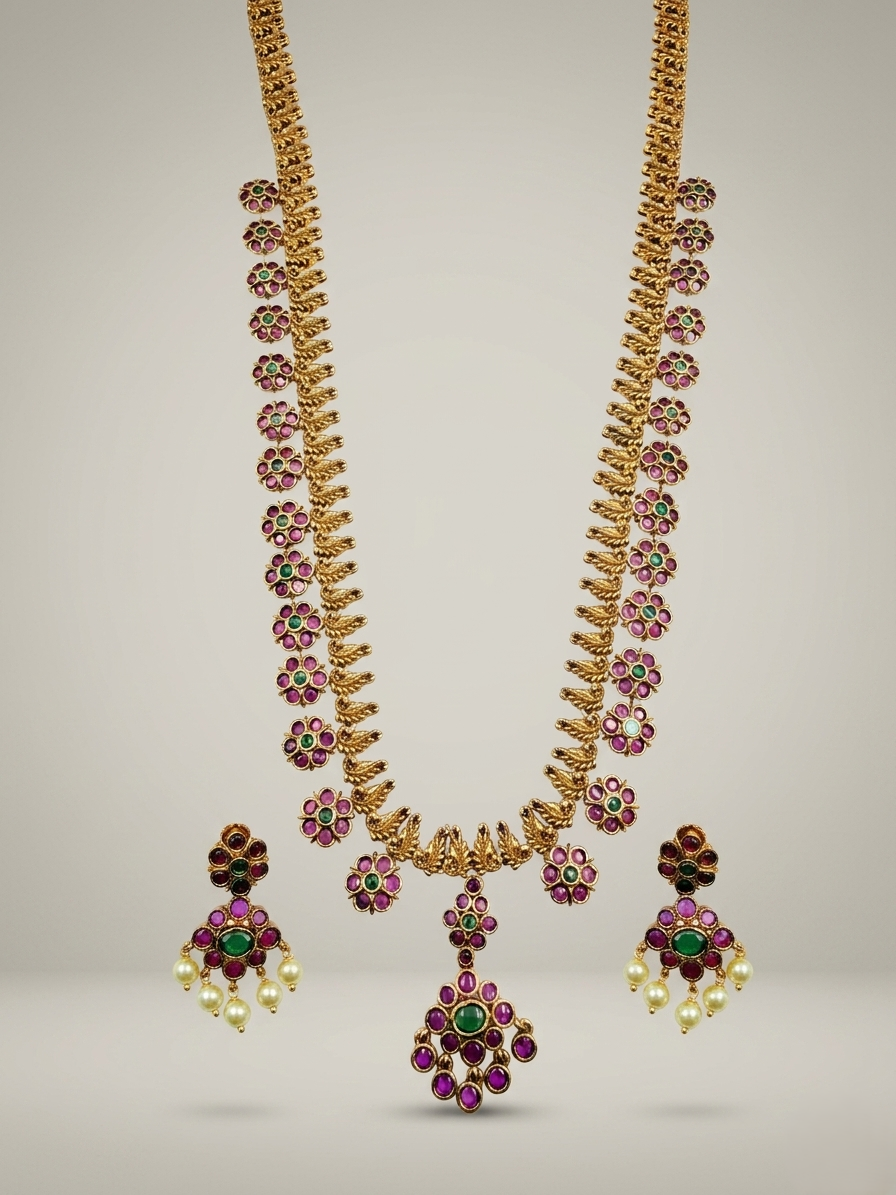 Floral kemp long haram necklace set
