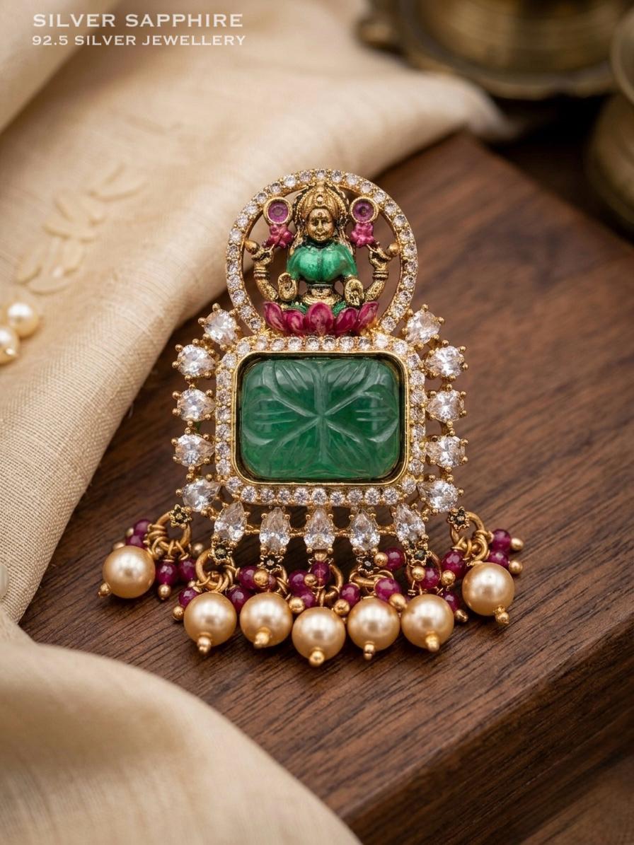 Goddess Lakshmi Carved Emerald Pendant
