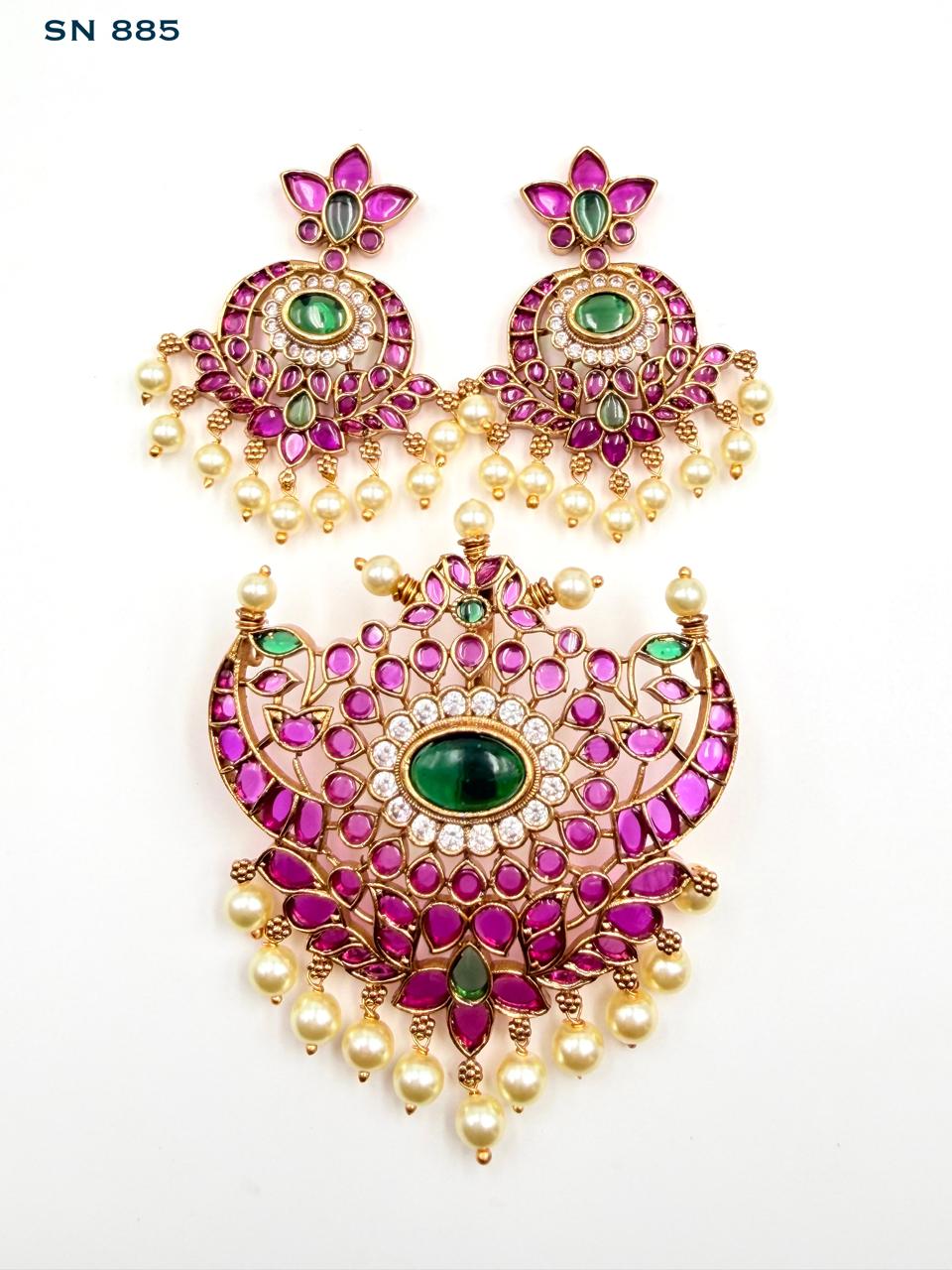 Floral Crescent Temple Pendant & Earring Set