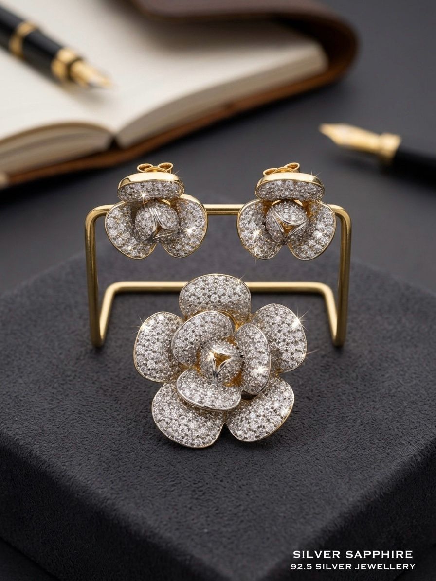 Camellia Flower Ring & Stud Earrings Set