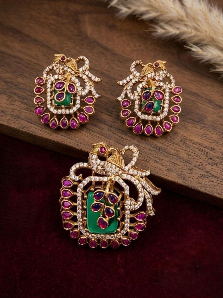 Peacock Ruby & Emerald Pendant & Earrings Set