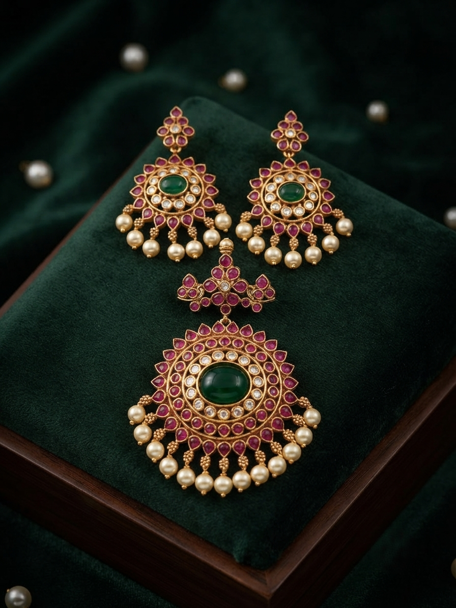 Emerald Kundan Pendant Set