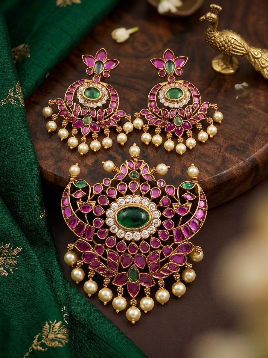 Floral Crescent Temple Pendant & Earring Set
