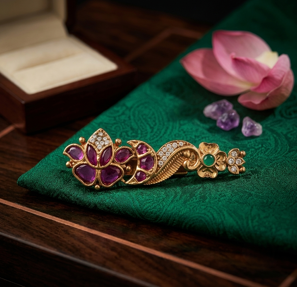 Lotus Peacock Feather Saree Pin