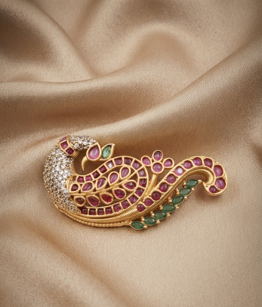 Peacock Design Studded Saree Pin