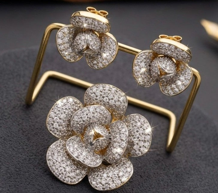 Camellia Flower Ring & Stud Earrings Set