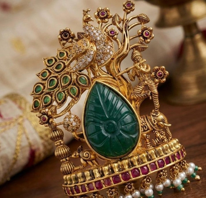 Antique Lord Krishna & Peacock Heritage Pendant