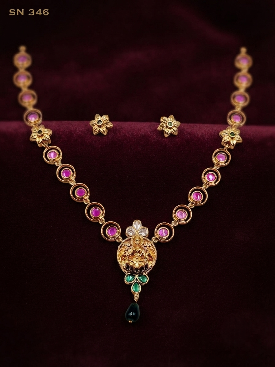 Lakshmi Devi Pendant Necklace with Floral Studs