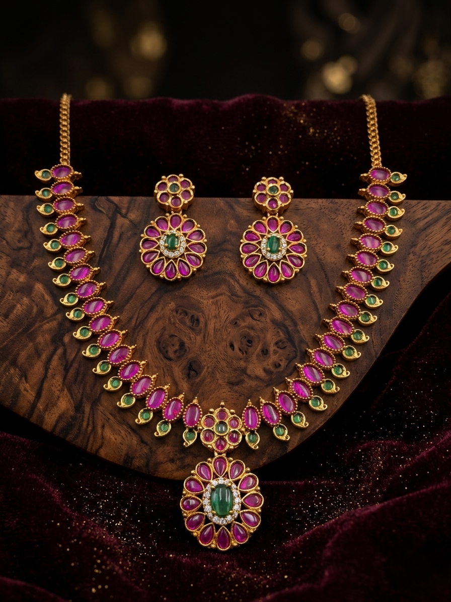 Oval cabochon floral necklace & earring set
