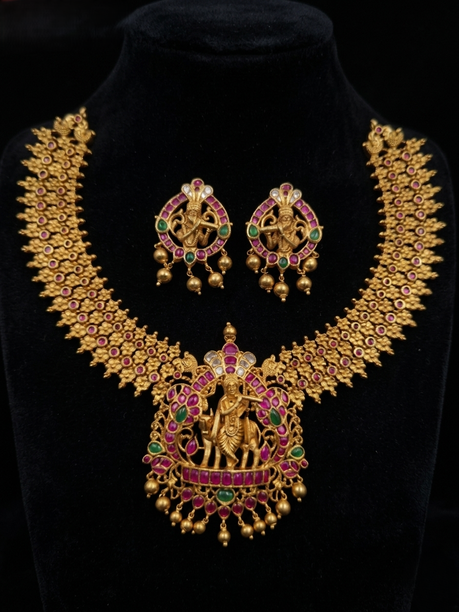 Kundan Krishna Nakshi Temple Necklace Set