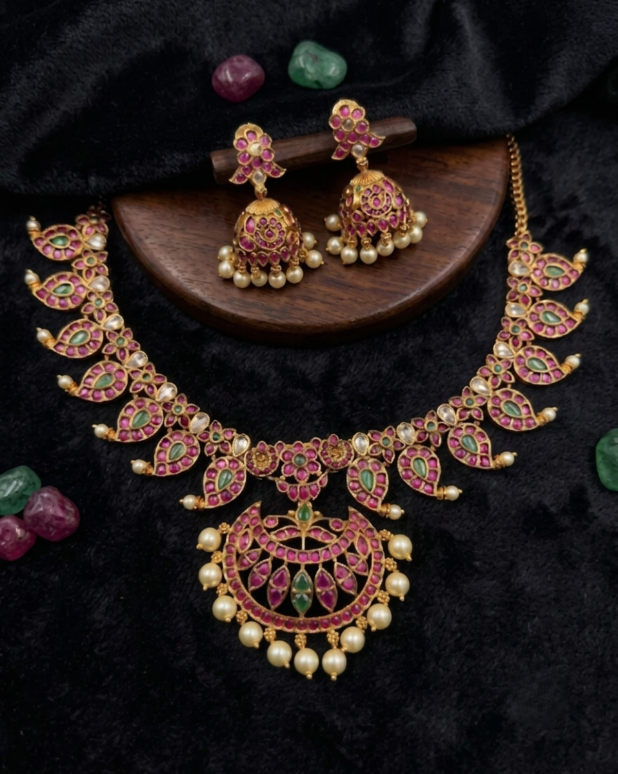 Ruby & emerald chandbali necklace set