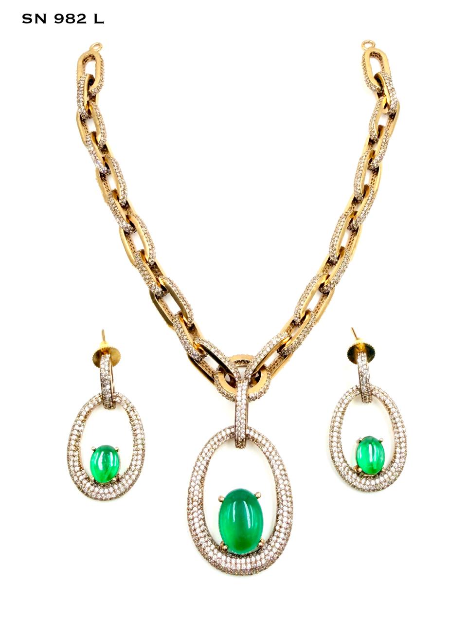 Green Stone Chain Necklace & Earring Set
